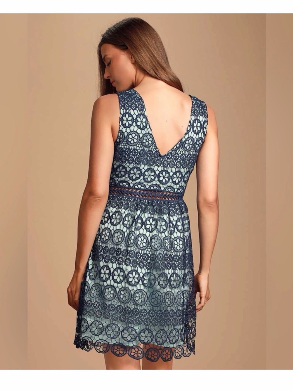 Lulu's Navy and Light Blue Floral Lace Mini Dress - Picture 5 of 6